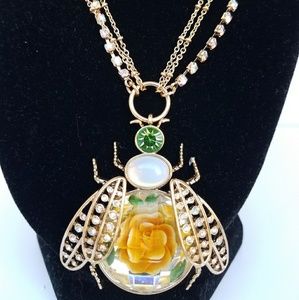 Betsey Johnson Luminous Betsey Yellow Rose Flower Lucite Beetle Bug Necklace